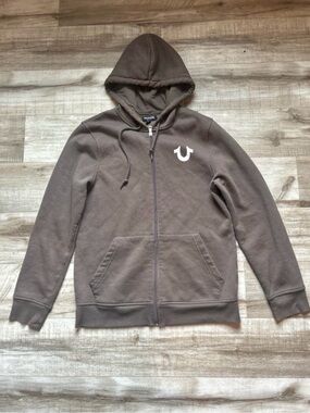 True Religion Taupe Brown Full-Zip Hoodie with Horseshoe Logo